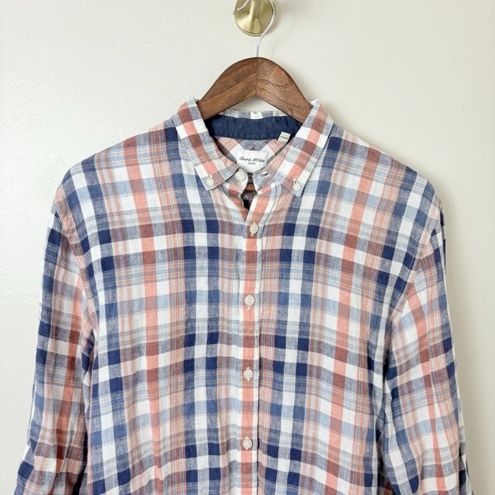 Baird McNutt Mens Linen Shirt Murano Slim Fit Blue Orange Plaid Button Up‎ Large
